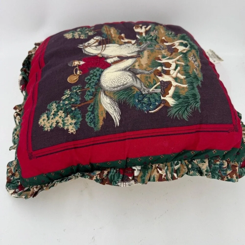 Vintage throw pillow featuring an English equestrian fox hunting scene